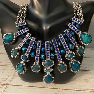 Blue Sparkle Multi Gem Triple Chain Silver Tone Costume Necklace Unbranded